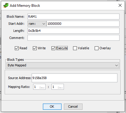 Adding RAM1 memory map, make sure you tick execute (x) and select Byte Mapped