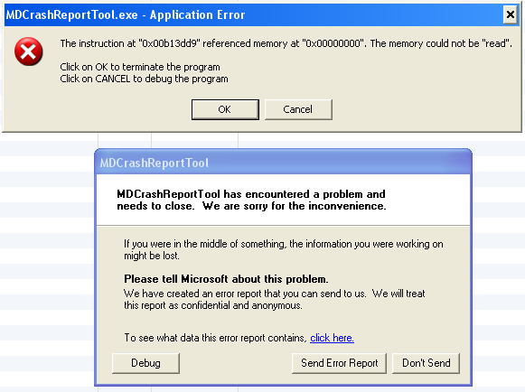 MDCrashReportTool crashing at 0x00b13dd9