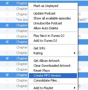 itunes select and create MP3 version 