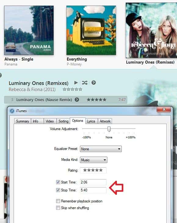 itunes start stop times
