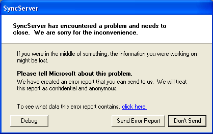SyncServer has encountered a problem and needs to close.